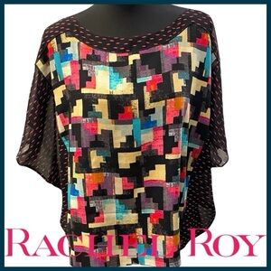 RACHEL Rachel Roy Black Multi Geo Pattern Top (L)